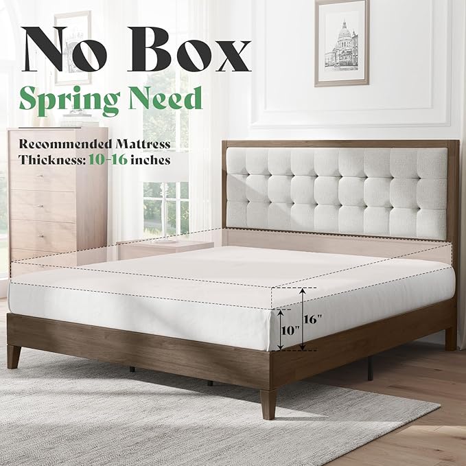 AMERLIFE Queen Bed Frame with Headboard, Solid Wooden Bed Frame Queen Size Platform Bed Mid-Century Style, No Box Spring Required, Ash Gray | Back Support, Noise-Free, Easy Care, Sturdy Frame, Breathable Material