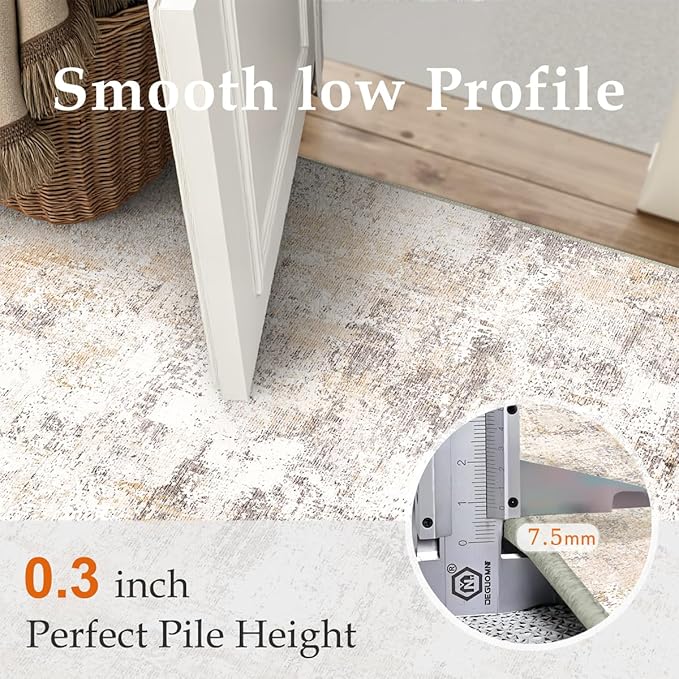 2x8 Washable Runner Rug Beige Grey Abstract Non Slip Soft Low Pile Hallway Kitchen Rug Neutral Modern Carpet for Laundry Bathroom Bedroom Living Room Home Decor