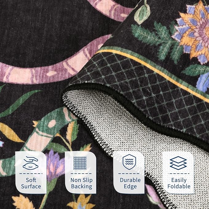 Garvee Snake Washable Area Rugs 5x7 Boho Scalloped Living Room Rugs, Botanical Floral Bedroom Rug, Stain-Resistant Low Pile Floor Carpet for Dining Room Dorm Nursery Playroom Farmhouse Office,Black