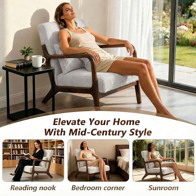 Set of 2 Mid Century Modern Accent Chair with Solid Rubberwood Frame, Comfy Corduroy Reading Armchair with Lumbar Pillow, Compact Lounge Chair for Bedroom, Living Room & Small Spaces