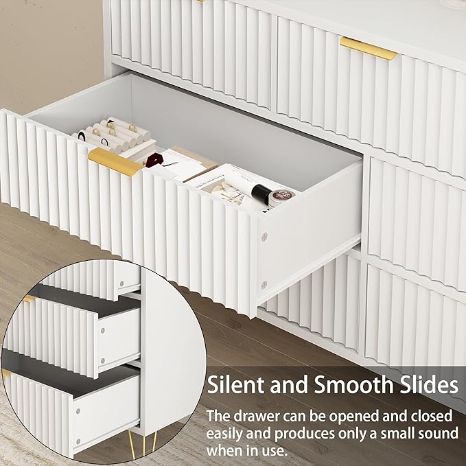 White Dresser for Bedroom, 7 Drawers Dresser with Golden Handles, Modern Wood Chest for Living Room, Hallway, Entryway