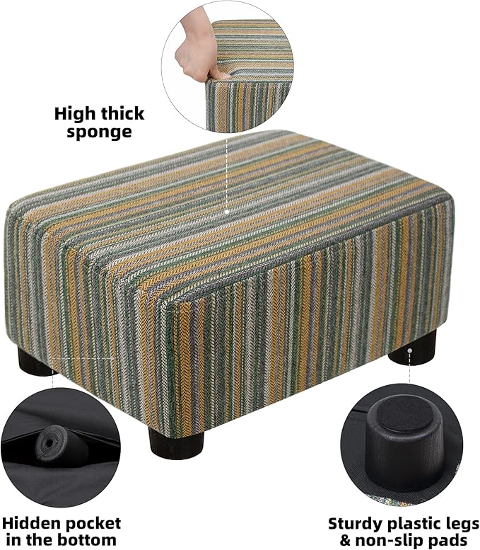 CAROLMADE Small Foot Stool Ottoman Footstool with Legs Under Desk Footrest for Living Room Bedroom and Office,Linen-Stripe Green