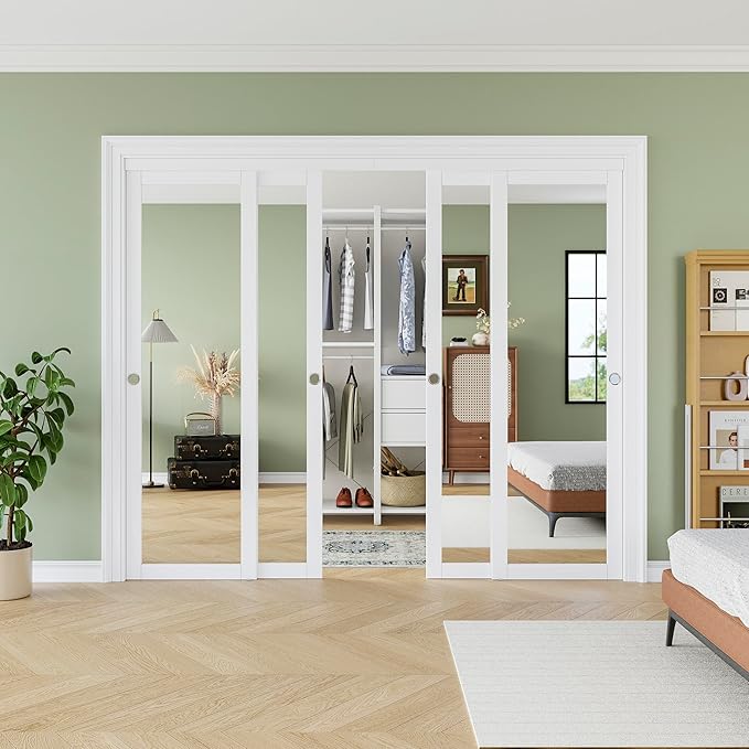 96" x 80" Sliding Closet Door, 1-Lite One-Side Mirror Bypass Door Panel with Hardware Track Kit & Floor Guide, Solid Wood Slab Pre-Assembled with PVC Surface, Silver Round Handle