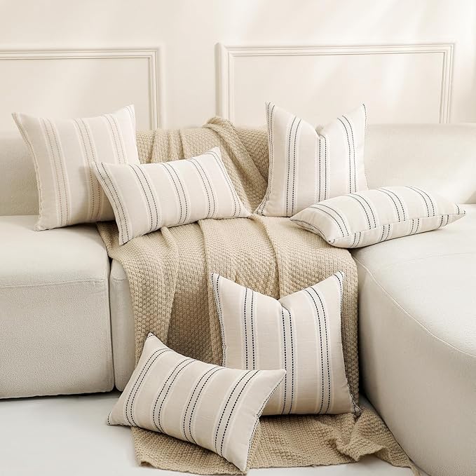 Hckot Throw Pillow Covers 20x20 Set of 2 Striped Pillow Covers Textured Linen Decorative Pillows Square Cushion Covers for Sofa Couch Bed Living Room Farmhouse Decor, Black