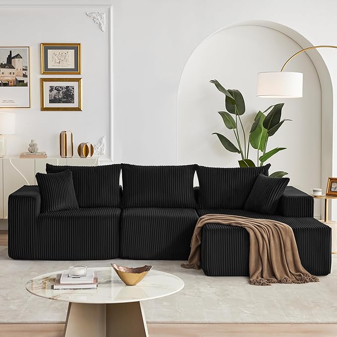 108” Modular Sectional Sofa, Cloud Sectional Couch with Deep Seat, Modern Modular L-Shape Sofa Couch with Chaise,Upholstered Boneless Couches for Living Room Bedroom (Black, Right Facing Chaise)