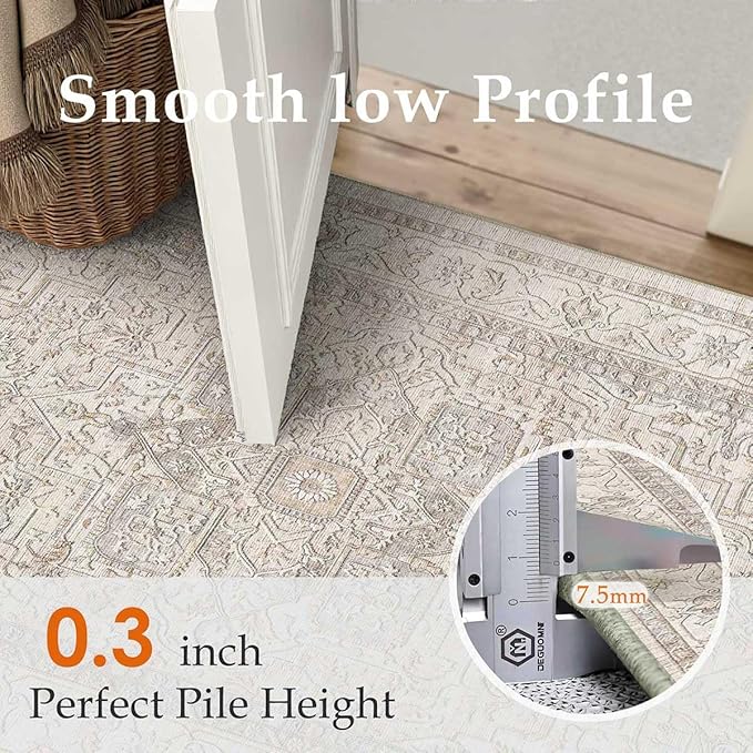 3x5 Washable Vintage Area Rug Beige Oriental Soft Entryway Throw Rug Neutral Non Slip Low Pile Small Carpet for Kitchen Bathroom Living Room Bedroom