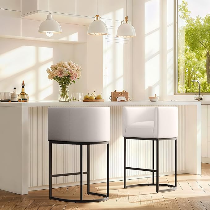 Modern Counter Height Bar Stools,Bar Stools Set of 4,PU Leather Upholstered Barrel Barstools with Backs,24'' Kitchen Island Chairs,Metal Black Frames,Beige White Leather