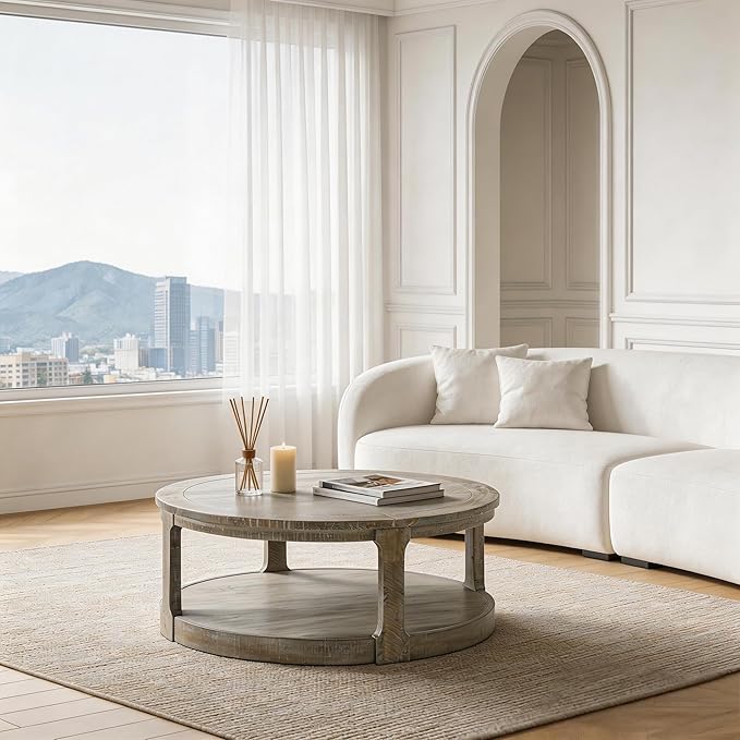 WILLIAMSPACE 40" Round Coffee Table with Wheels, Circle 2 Tier Solid Wood Center Coffee Table, Mid Century Retro Farmhouse Rounded End Table for Living Room Apartment, ø40 x 17.52" H (Light Brown)