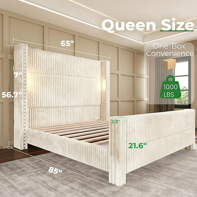 Queen Bed Frame with 56.7" Tall Headboard & Reading Lights, Corduroy Upholstered Wingback Platform Bed with Charging Station, Modern Retro Design, Noise Free, No Box Spring Required, Cream