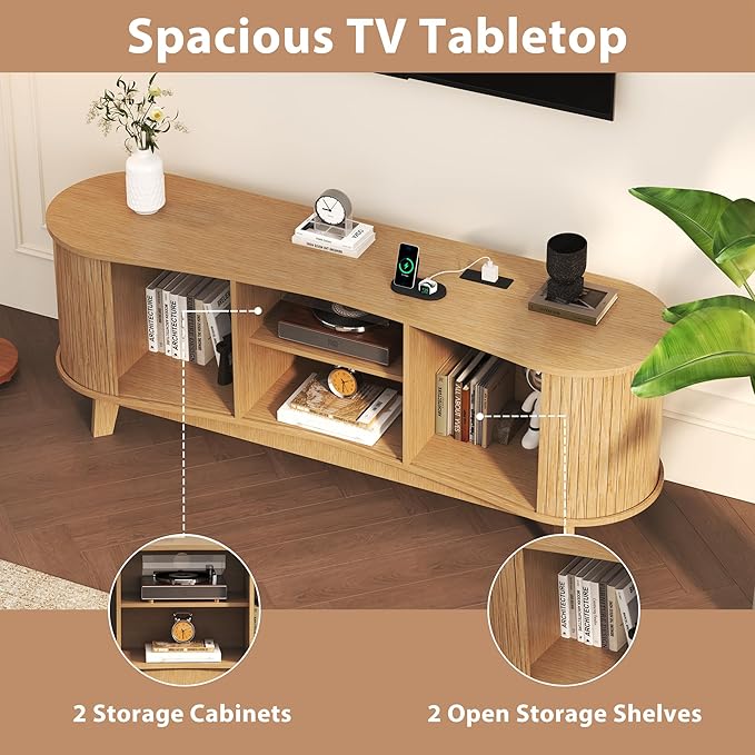 Mid Century Modern TV Stand for 65 Inch TVs, Fluted TV Stands with Open Shelves and Sliding Door, Media Cabinet with Power Outlet, Entertainment Center with Storage for Living Room, Natural