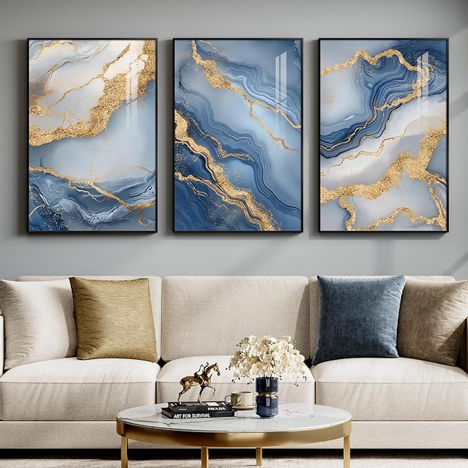 Large Framed Abstract Wall Art for Living Room, Modern Luxury 3 Piece Blue Gold White Prints Paintings for Walls, Elegant Marble Pattern Pictures for Dining Bedroom Hallway Office Home Decor 24x36 In