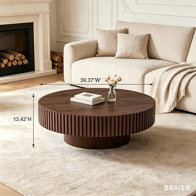 KEVINSPACE Round Coffee Table, 39" Big Wooden Fluted Coffee Table with Fluted Base, Circle Accent Center Table for Living Room Apartment Office Small Space, Easy Assembly, Walnut