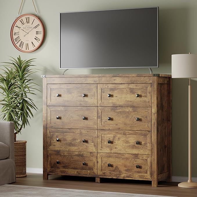 BORNOON Tall 8-Drawer Dresser, Modern Wooden Storage Chest of Drawers, Dresser TV Stand, Wood Drawer Organizer with Metal Handles for Bedroom, Living Room, Hallway