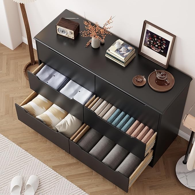 Gizoon 6 Drawer Double Dresser for Bedroom with Anti-Tip Design, Modern Wide Wooden Chest of Drawers with Cut-Out Handles, Closet Storage Organizer and TV Stand for Living Room, Hallway, Entryway