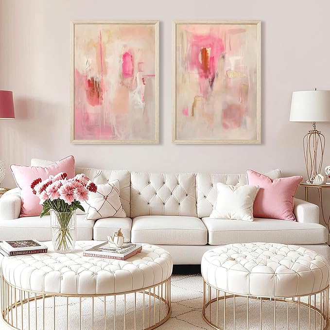 Abstract Wall Art Neutral Modern Canvas Painting Decor Pink Beige Minimalist Wall Art Contemporary Abstract Poster Artwork for Living Room Bedroom 16x24 Inch Wood Framed Set of 2
