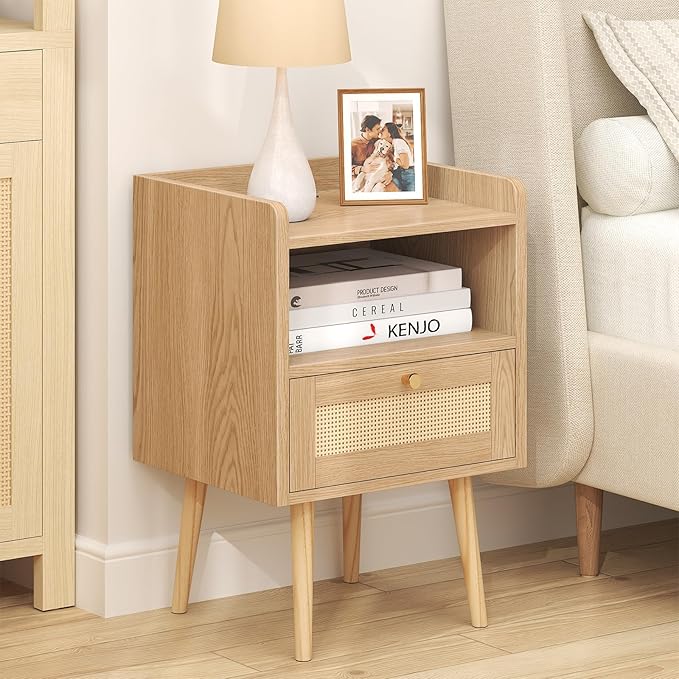 MECHYIN Night Stand Set 2, Nightstands Set of 2 with Charging Station, Rattan Side Tables with Solid Wood Legs, Boho Bedside End Table for Apartment Bedroom Dorm Small Space - Natural