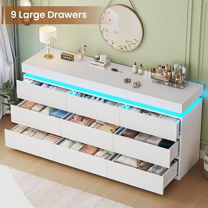 HAUOMS 9 Drawer Dresser with LED Light, White Modern Chest of Drawers for Bedroom,Long Dresser with Drawers for Living Room, Entryway, Hallway