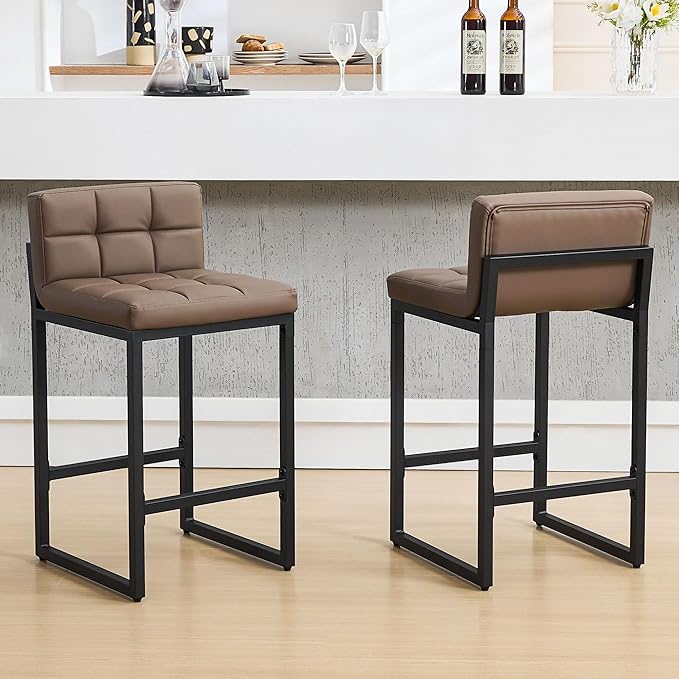 FIRAVOE Counter Height Bar Stools Set of 2, Modern Faux Leather Counter Stools with Low Back and Footrest, Upholstered Bar Chairs for Kitchen Island (Coffee Brown, 2Pcs 26" Counter Stools)