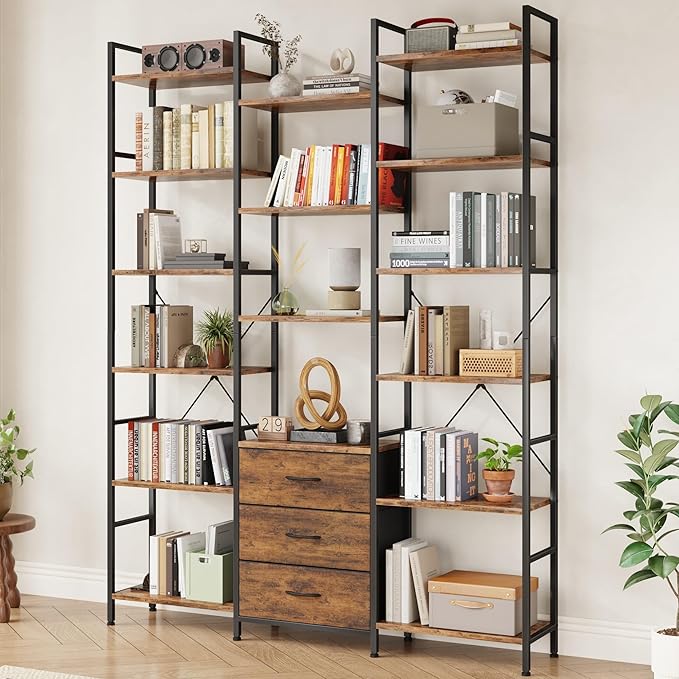 AFLUI Triple Bookshelf with 3 Fabric Drawers, 6-Tier Book Shelf and 10 Display Shelves, Industrial Large Bookcase for Home & Office, Rustic Brown, 47'' Wide