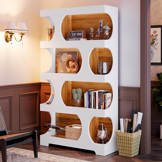 Tribesigns 71" Tall Bookcase, 4-Tier S-Shaped Bookshelf, Wood Decorative Storage Shelving, Modern Freestanding Display Shelves, Large Library Book Shelf Unit for Home Office Living Room, White & Brown