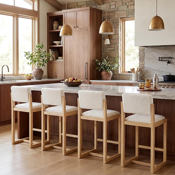 DUOMAY Modern Bar Stools Set of 4, 26" Counter Height Barstools, Sherpa Upholstered Kitchen Island Chair with Light Walnut Color Wood Legs for Home, White