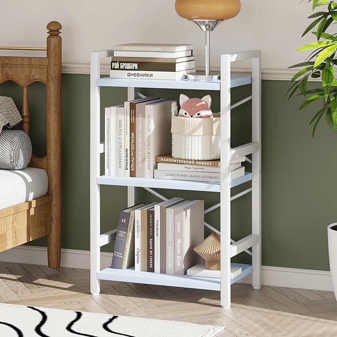 Homeiju Bookshelf, 3 Tier Industrial Bookcase, Metal Small Bookcase, Rustic Etagere Book Shelf Storage Organizer for Living Room, Bedroom, and Home Office(Blue) Patent Pending D29873033