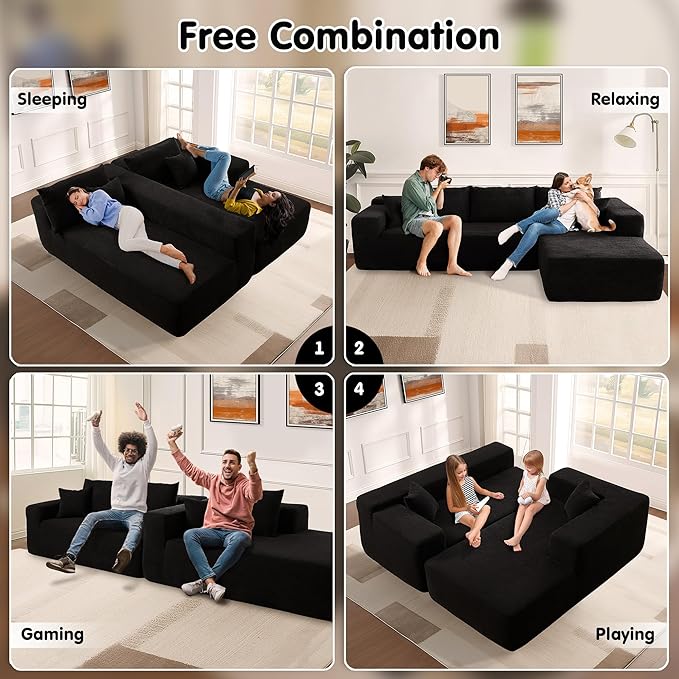 ovios 104" Cloud Boneless Couch with L-Shape Chaise,Modern Sectional Modular Sofa with Deep Seat, Upholstered Couches for Living Room Bedroom,No Assembly Required, Black (Corduroy Fabric)