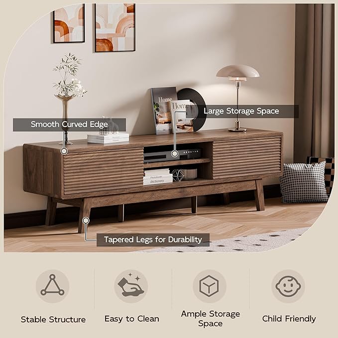 TOLEAD 59" Mid Century Modern TV Stand for TVs up to 65 Inch, Low Profile Entertainment Center with Fluted Sliding Doors & Storage, Wood TV Console Table for Living Room, Walnut