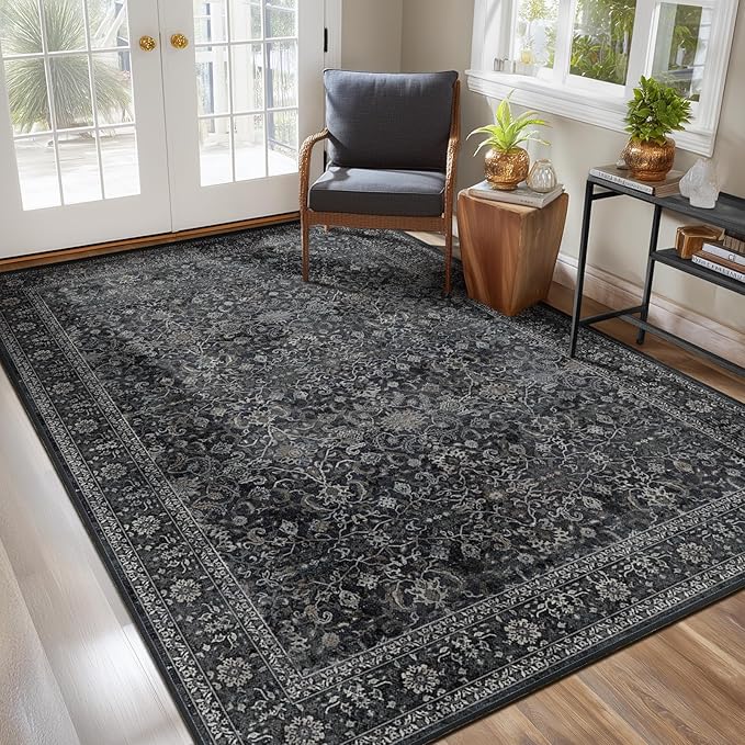Dark Area Rug 6x9, Vintage Earth Tone Rugs for Living Room Bedroom, Washable Non Slip Low Pile Thin Carpet Rug for Dining Room Guest Room Home Office, Farmhouse Distressed Midnight