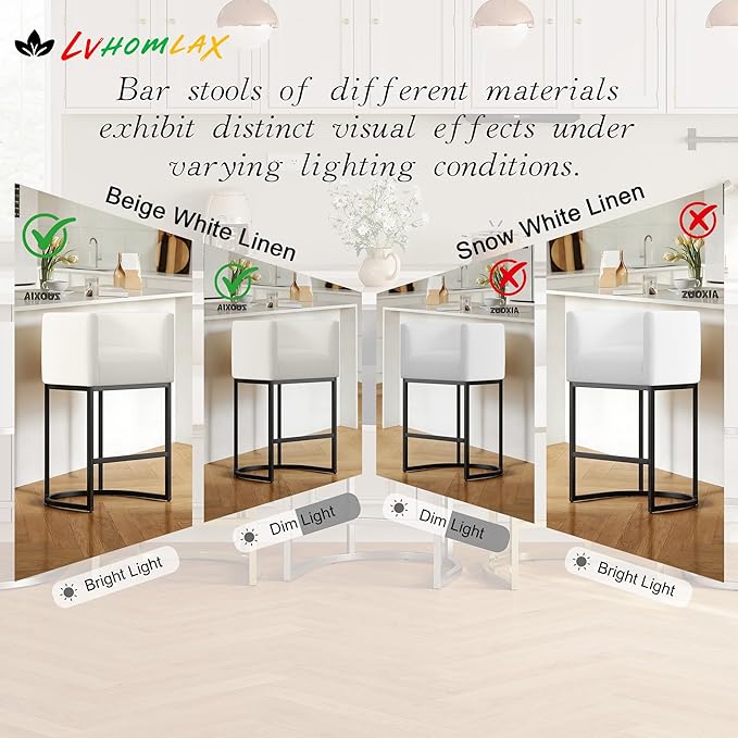 Modern Counter Height Bar Stools,Bar Stools Set of 1,Fabric Upholstered Barrel Barstools with Backs,26'' Kitchen Island Chairs,Metal Black Frames,Snowy White Linen