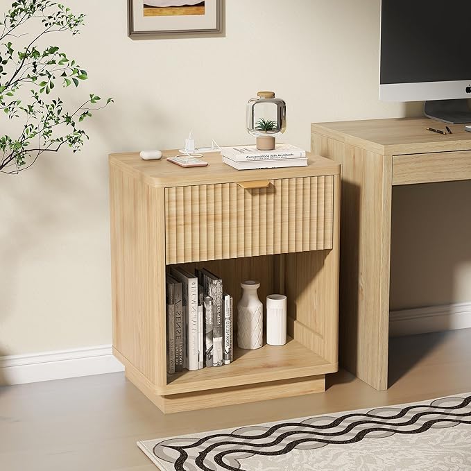 Nasonet Fluted Nightstand Charging Station,Wood Modern Night Stands Storage Cabinet for Bedroom,Oak Bedside Table with Drawers