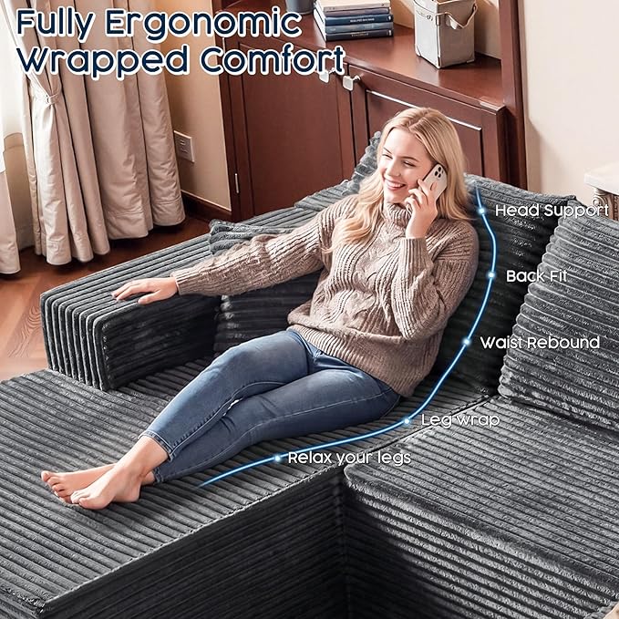 Grey Sectional Couch with Ottoman, 108" Cloud Modular Couch for Living Room, Modern U-Shaped Sofa, No Assembly Required - Plush Corduroy Fabric & Deep Seat Comfort (Right Facing Chaise)