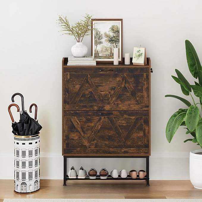 Cozyman Narrow Shoe Storage Cabinet with 2 Flip Drawers & Adjustable Shelf for Entryway, Freestanding Hidden Slim Shoe Organizer Rack, Rustic Brown