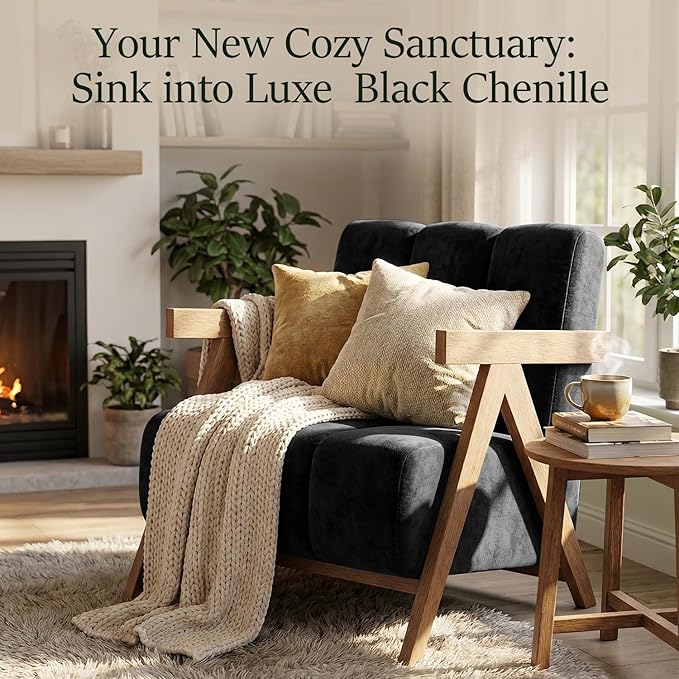 Modern Accent Chair Set of 2 for Living Room Bedroom,Comfy Chenille Reading Chair with Wood Frame,Upholstered Lounge Armchair with Thick High-Elastic Sponge for Apartment & Waiting Room(Black,2)