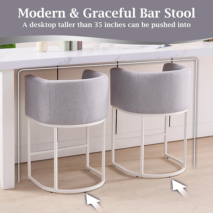 ClinQ 26" H Counter Height Bar Stools Set of 4, Modern Barrel Counter Stools with Backrest and Arms, White Metal Frames, Linen Fabric Upholstered Accent Barstools for Kitchen Island, Light Grey