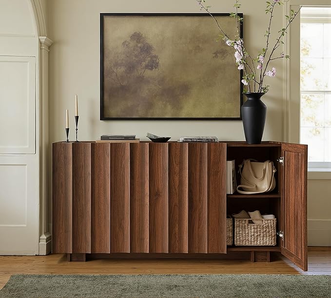 win2win Buffet Cabinet with Storage, Mid Century Modern Sideboard with Wave Design, Wood Grain Finish, Credenza with Adjustable Shelves, Modular Cabinets for Living Dining Room Hallway, Walnut