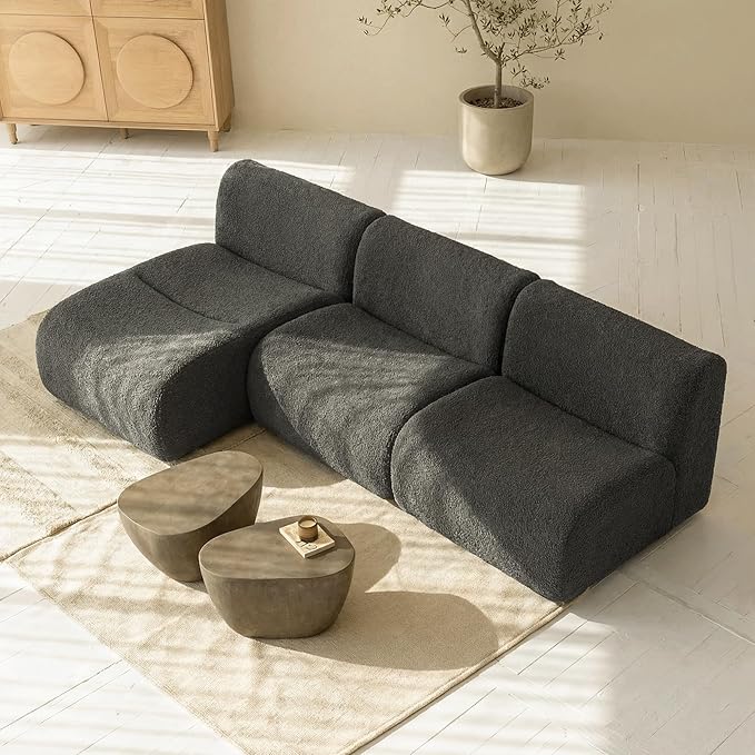 Curved Sectional Couch with Chaise Lounge, 3-Seat Reversible L Shaped Sofa, Deep Seat Sherpa Boneless Modular Couches for Living Room, 101" Modern Curved Sofas – No Assembly, Grey