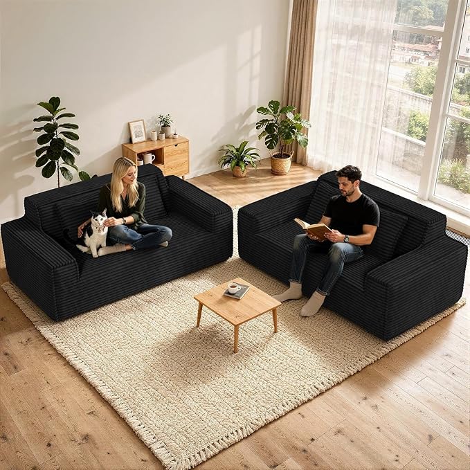 75'' Modern Cloud Loveseat Sofa Set of 2, No Assembly Required Comfy Deep Seat Couches 2 pcs for Living Room, Bedroom, Apartment (Corduroy-Black)