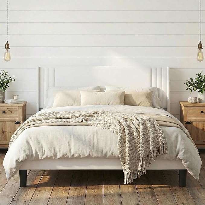 Gizoon Queen Bed Frame, Upholstered Platform Bed with Wingback and Modern Geometric Headboard, Wooden Slats, Noise-Free, No Box Spring Needed