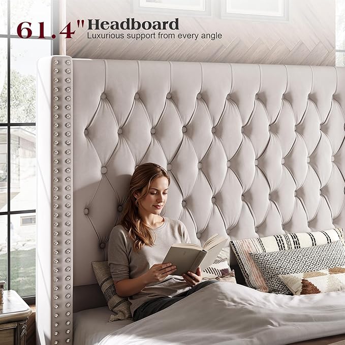 PaPaJet Queen Size Bed Frame with 61.4" Tall Wingback Design Headboard, Velvet Upholstered Platform, Handmade Deep Button Tufting, Solid Wood Legs, No Box Spring Needed, Cream