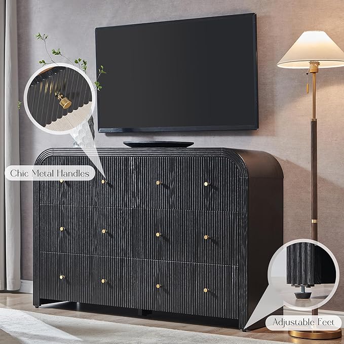 T4TREAM Fluted 6 Drawers Dresser for Bedroom, 54" Wide Modern Chest of Drawers with Thickened Curved Profile Design, Wood Dressers TV Stand for Bedroom, Living Room, Hallway, Black Oak