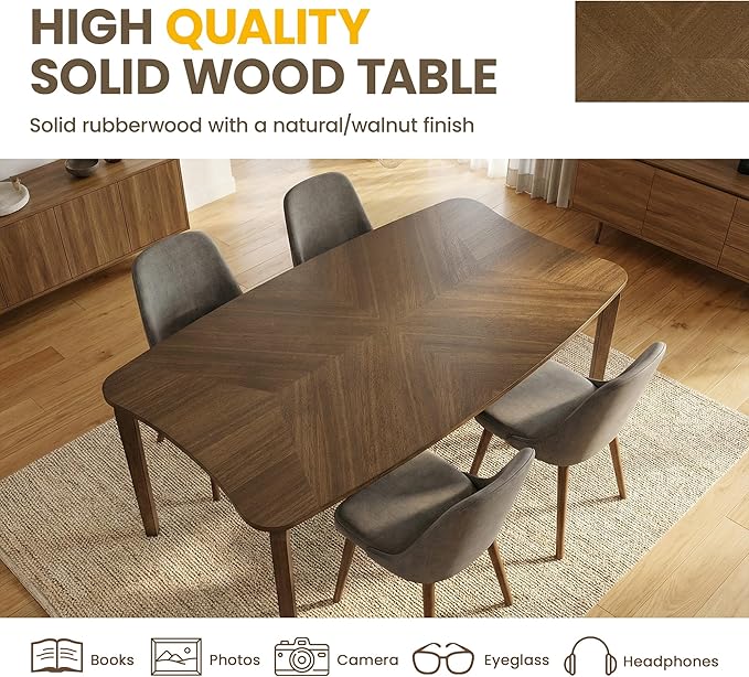 HNY Modern Curved Edge Dining Table, 63" Solid Wood Kitchen Table with Herringbone Pattern Mid-Century Rectangular Dinner Table for 6-8 People, Walnut Color Finish