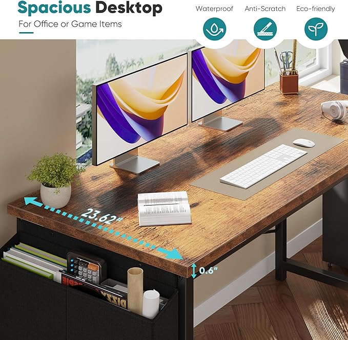 OLIXIS Computer Desk 63 Inch Home Office Desks for Small Spaces, Gaming Writing Study Work Table with Storage Bag and Headphone Hook for Bedroom, Rustic Brown