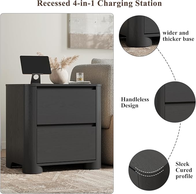 Black Nightstand with Charging Station, 23.6" Modern Night Stand with Unique Thickened Foot and 2 Storage Drawers, Bedside Table with Rounded Corner Design for Bedroom