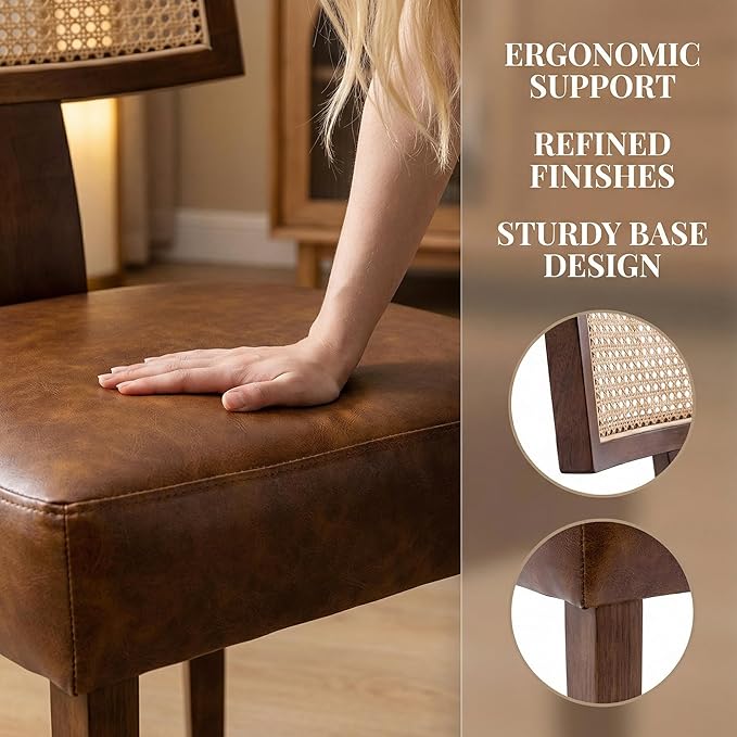 HNY Mid Century Modern Rattan Dining Chairs Set of 6, Farmhouse PU Leather Upholstered Accent Chair Curved Backrest Kitchen Chairs, with Hardwood Frame, Brown