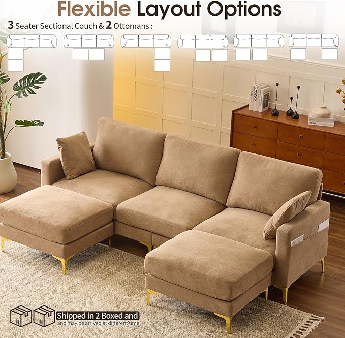 VINGLI 100" W U Shaped Couch with Ottoman, 22" Deep Seat Comfortable Sectional Couches for Living Room, 3 Seater Chenille Fabric Cloud Sofa for Apartment, Small Spaces, Bedroom, Khaki