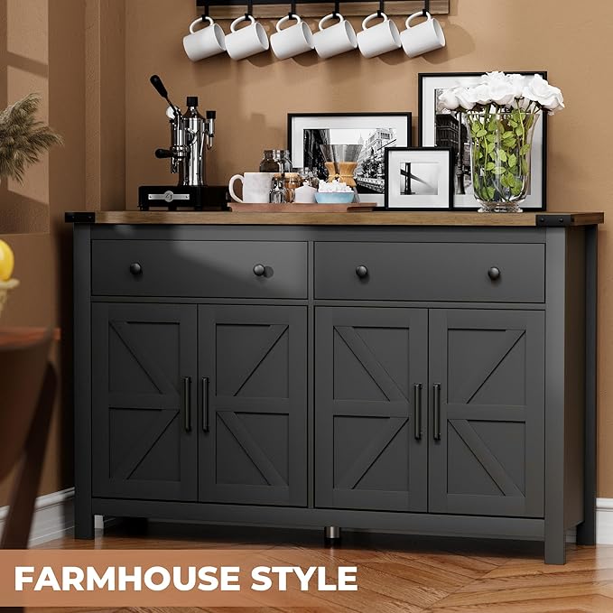 VVFLU 55" Sideboard Buffet Cabinet with Storage, Coffee Bar Cabinet with 2 Drawers and 4 Barn Doors, Long Storage Cabinet Modern Farmhouse, Black Wood, for Kitchen, Dining Room, Living Room