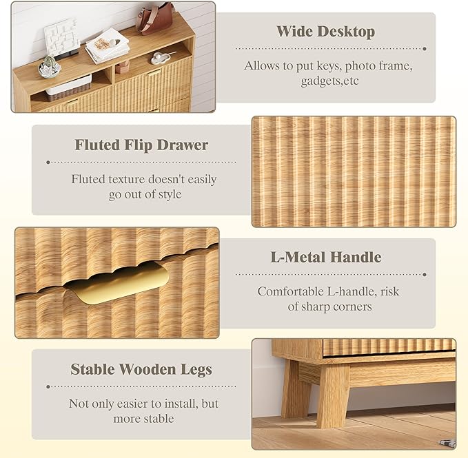 HUANLEGO Shoe Cabinet Storage for Entryway with 4 Flip Drawers, Fluted Narrow Shoe Organizer with Wooden Legs & Top Cubby, Freestanding Slim Shoe Storage Hidden Shoe Rack for Front Door Entrance, Oak