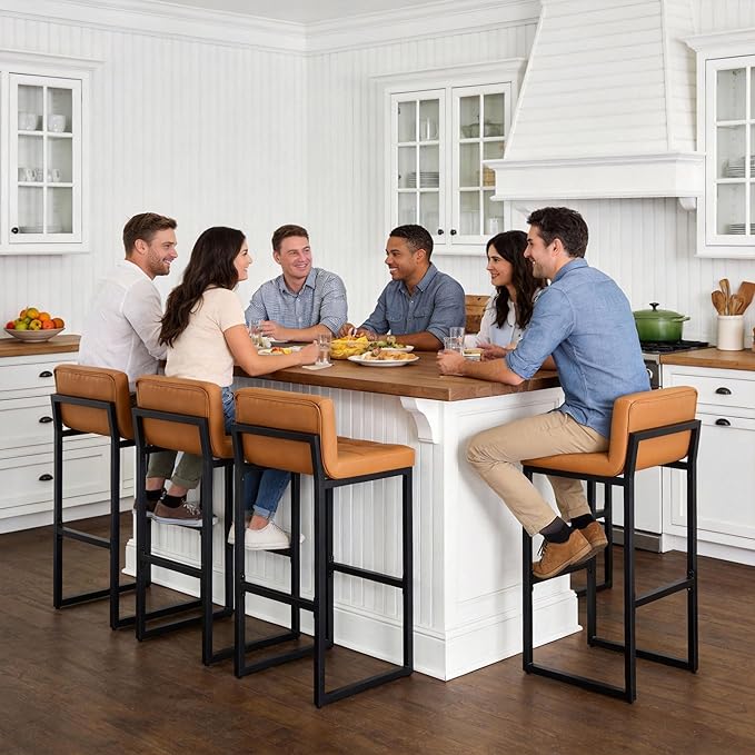 FIRAVOE Bar Stools Set of 4, Upholstered Bar Height Barstools with Back and Thickened Metal Frame, Modern 30-inch Tall Bar Chairs for Kitchen Island, Bar, Counter (Caramel Brown, 4Pcs 30" Bar Stools)