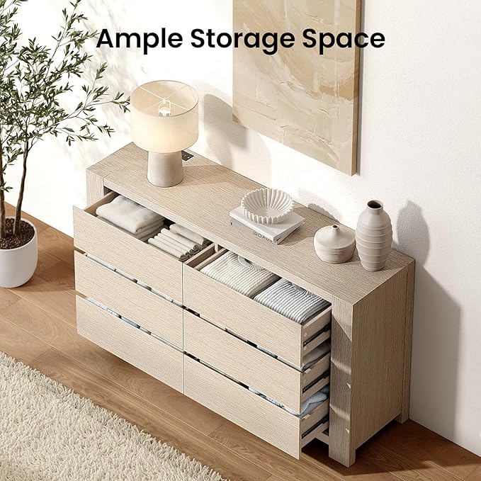 ModernMate 6 Drawer Dresser for Bedroom, 55'' Modern White Oak Chest of Drawers with Charging Station, Wood Bedroom Dresser with Large Storage for Living Room, Entryway, Nursery, Anti-Tipping, Natural